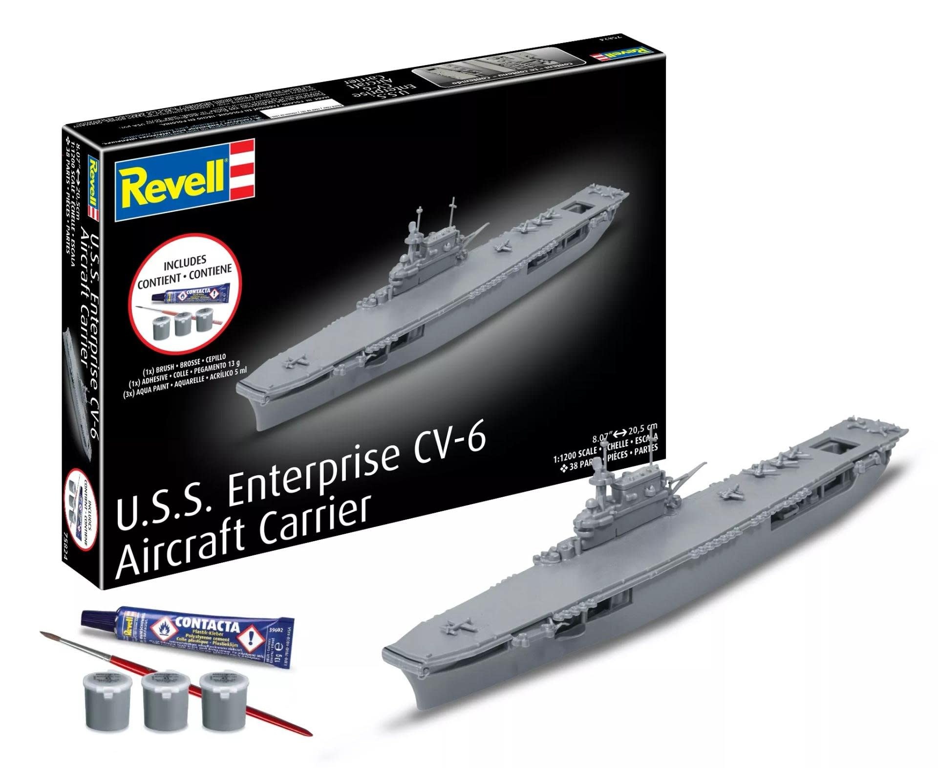 RMX75824 1/1200 USS ENTERPRISE CV-6 AIRCRAFT CARRIER PLASTIC MODEL KIT W/PAINT, BRUSH & CEMENT
