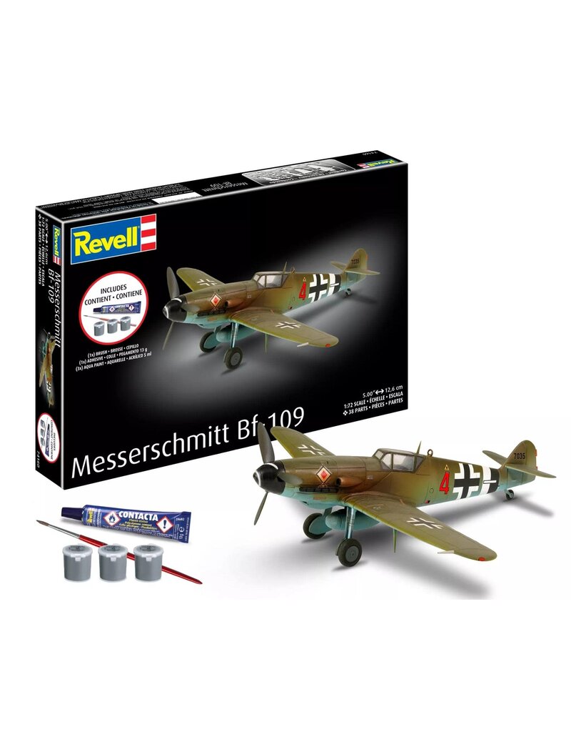 REVELL RMX74160 1/72 MESSERSCHMITT BF-109 PLASTIC MODEL KIT W/PAINT, BRUSH & CEMENT