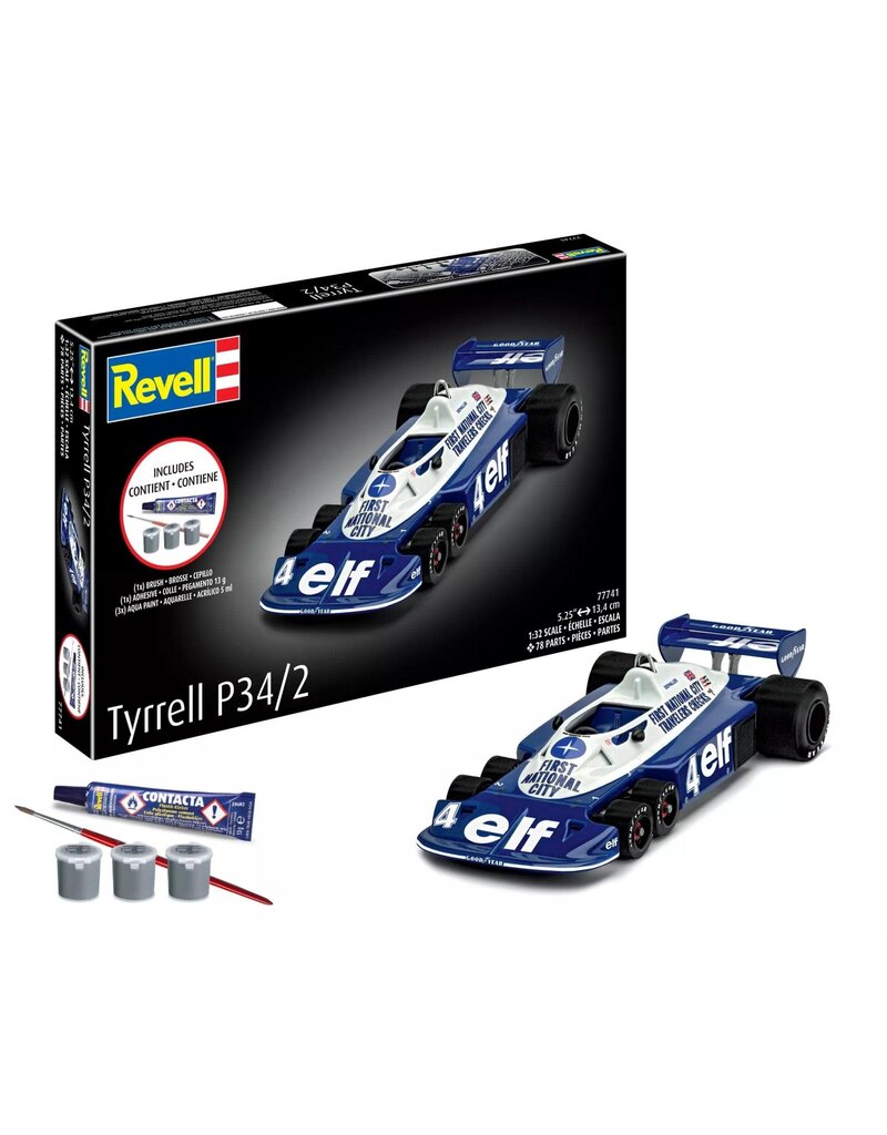 REVELL RMX77741 1/32 TYRRELL P34/2 6-WHEEL FORMULA 1 CAR PLASTIC MODEL KIT W/PAINT, BRUSH & CEMENT