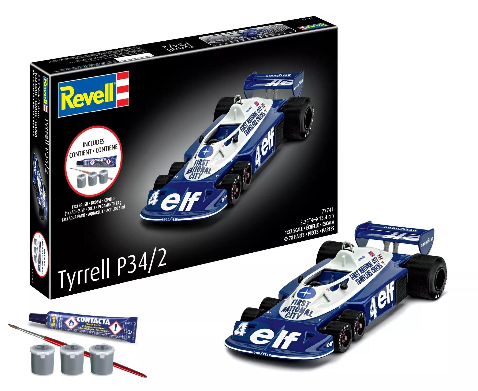 RMX77741 1/32 TYRRELL P34/2 6-WHEEL FORMULA 1 CAR PLASTIC MODEL KIT W/PAINT, BRUSH & CEMENT