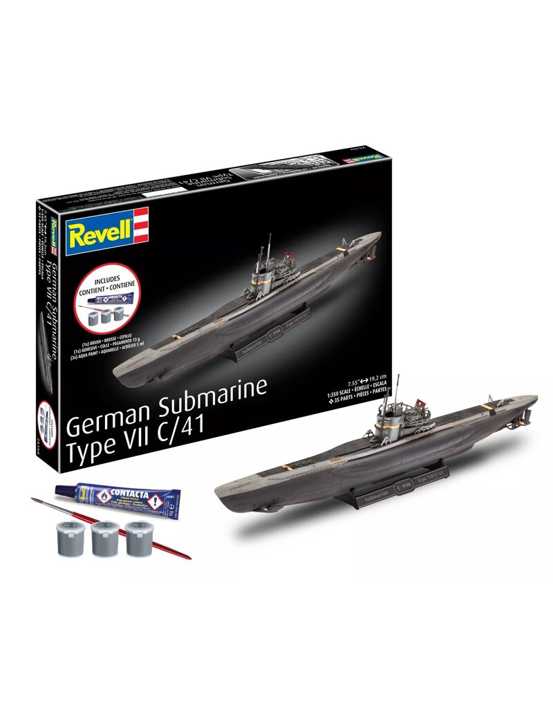 REVELL RMX75154 1/350 GERMAN SUBMARINE TYPE VII C/41 PLASTIC MODEL KIT W/PAINT, BRUSH & CEMENT