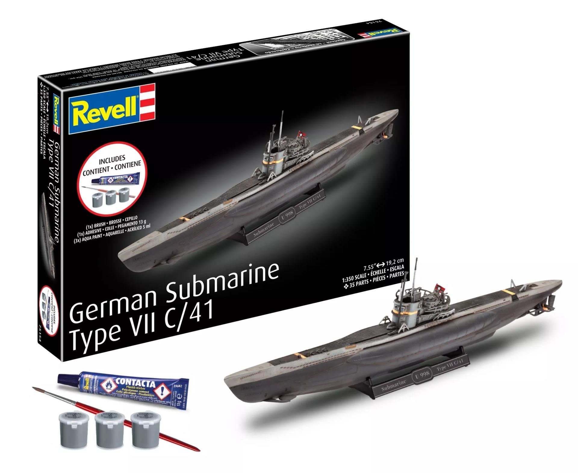 RMX75154 1/350 GERMAN SUBMARINE TYPE VII C/41 PLASTIC MODEL KIT W/PAINT, BRUSH & CEMENT