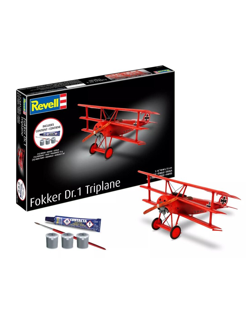 REVELL RMX74116 1/72 FOKKER DR.1 TRIPLANE PLASTIC MODEL KIT W/PAINT, BRUSH & CEMENT