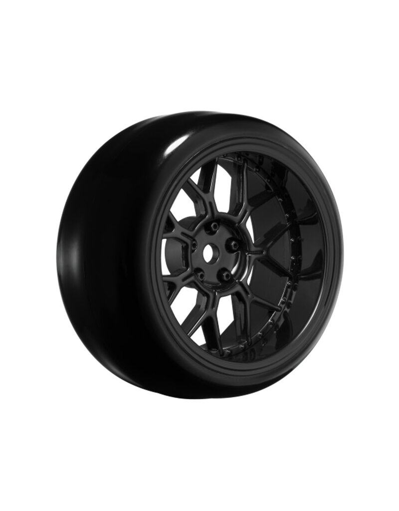 LOUISE LOULNHA566T 14 SPOKE GLOSS BLACK 1/10 WHEEL MOUNTED DRIFT TIRE, 2, 4, 6, 8MM OFFSET, 12MM HEX, 4PCS