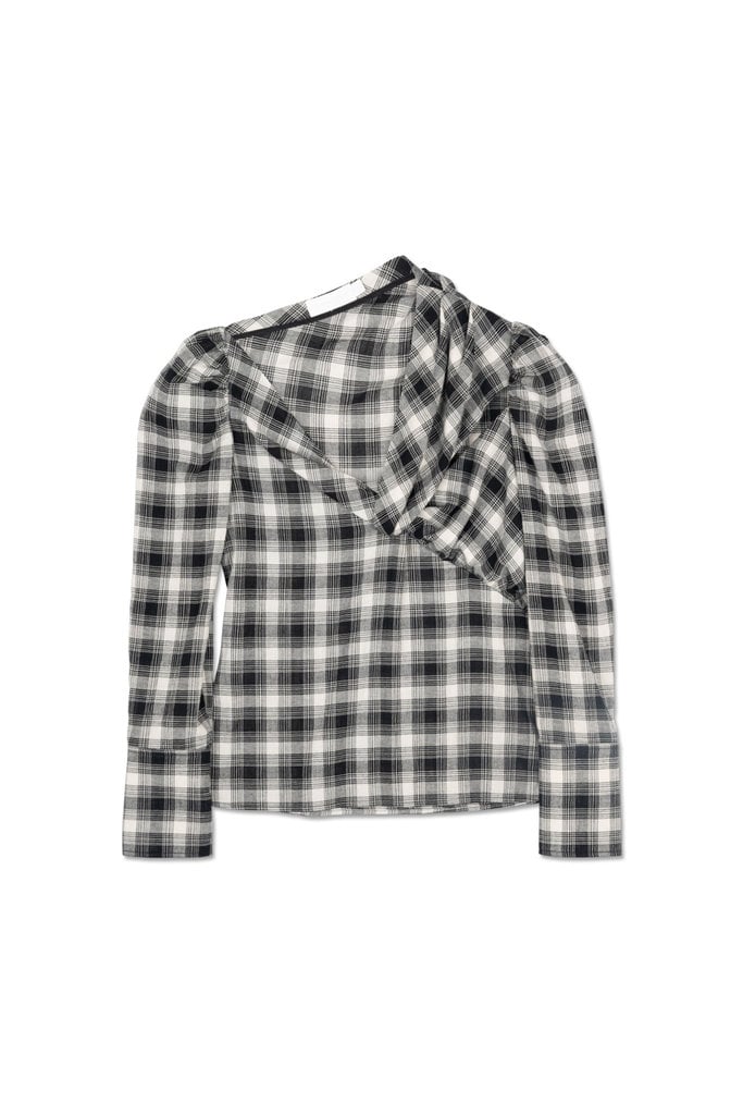 Jonathan Simkhai Rory Plaid Cotton Poplin L/S Cutout Draped Shirt Black PS22