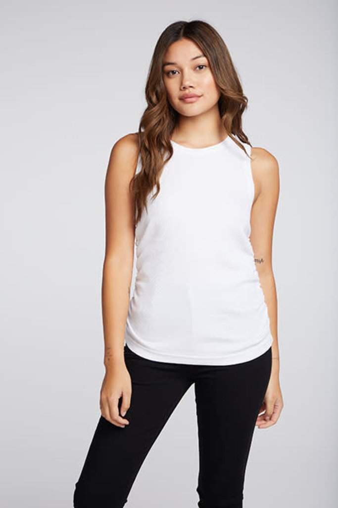 Chaser Vintage Rib Shirred Crew Neck Muscle Tank White Su22