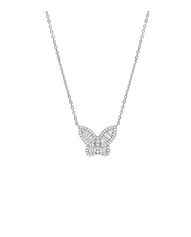 I Am More Jewels N99917-SIL-56 Large Pave X Baguette Butterfly Necklace Silver