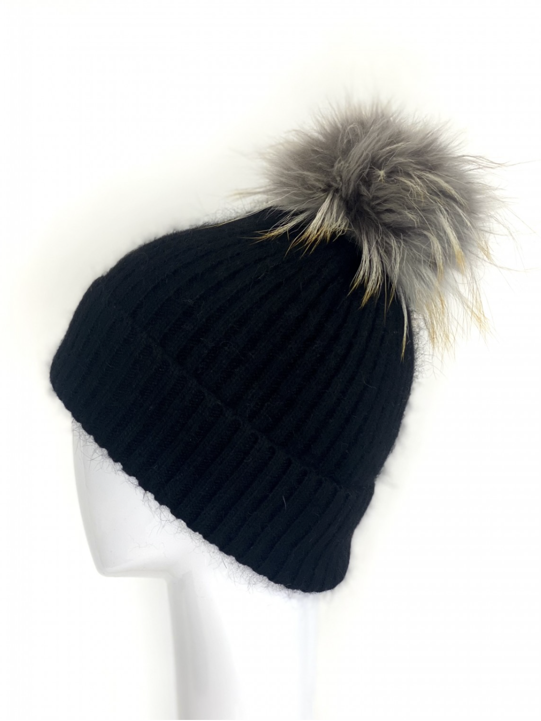 Linda Richards Wool Pom-Pom Hat HA-62 | Black | Shop Fur Pom-Pom Hat