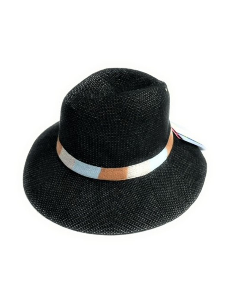 Shihreen 22S-0720 Black Cotton Fedora Hat with Muti Stripe Band 23