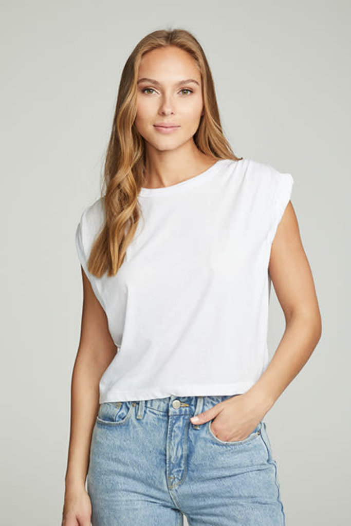 Chaser Shirred Muscle Tee Twisted Rolled Sleeve White F22