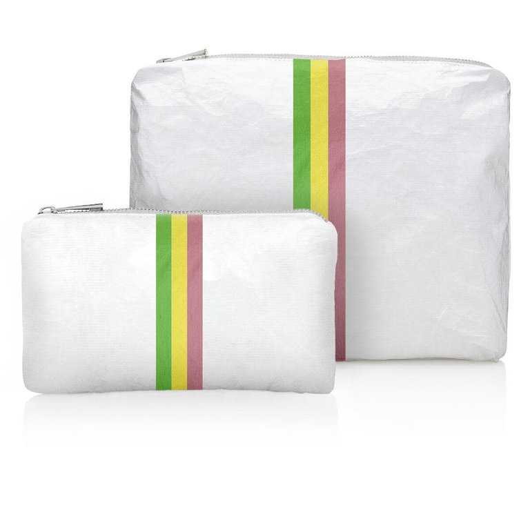 Hi Love Travel Shimmer White with Colorful Green, Yellow, and Pink Stripes - 2 Set