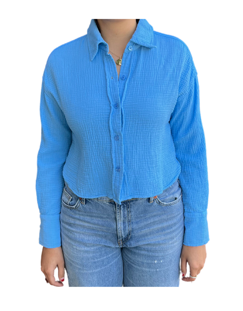 Shop the Monrow Gauze Button Down Shirt in Sky Blue - Effortless Style - I  Am More Scarsdale