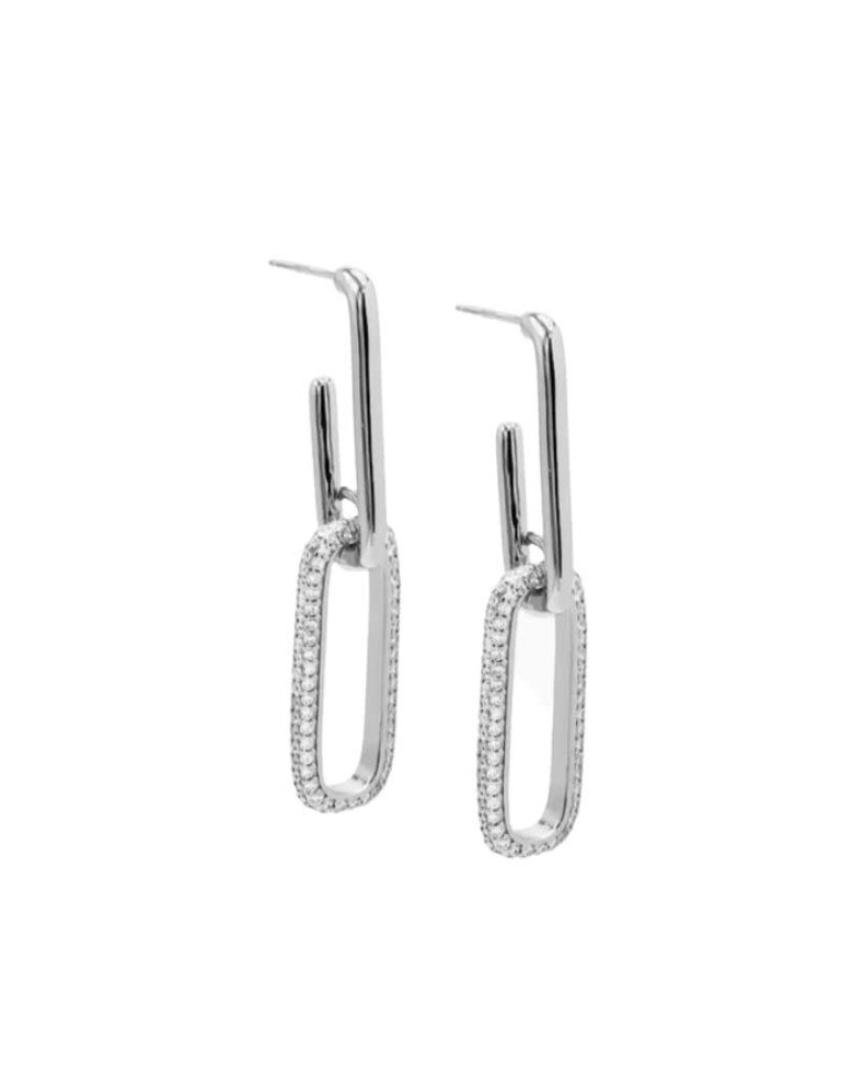 I Am More Jewels E74158 Solid Pave Double Link Drop Stud Earrings Silver