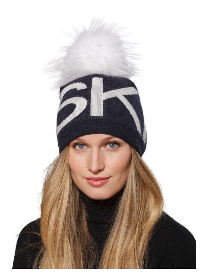 Hat, Wool Ribbed Knit Hat with Genuine Fur Pom Pom, Multiple Colors - Style HA11 White
