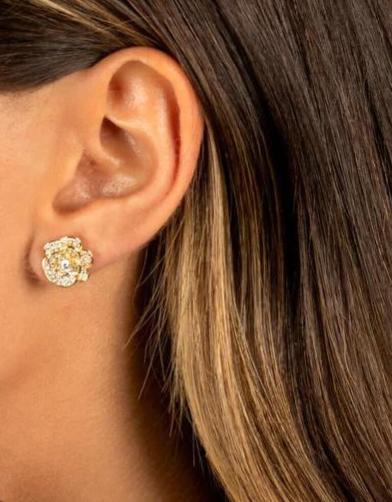 I Am More Jewels E72137-BRGLD Pave CZ Flower Stud Earring Gold
