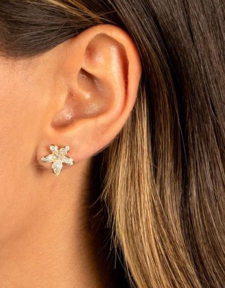 I Am More Jewels E72175-BRGLD Pave Five Leaf Flower Stud Earring Gold