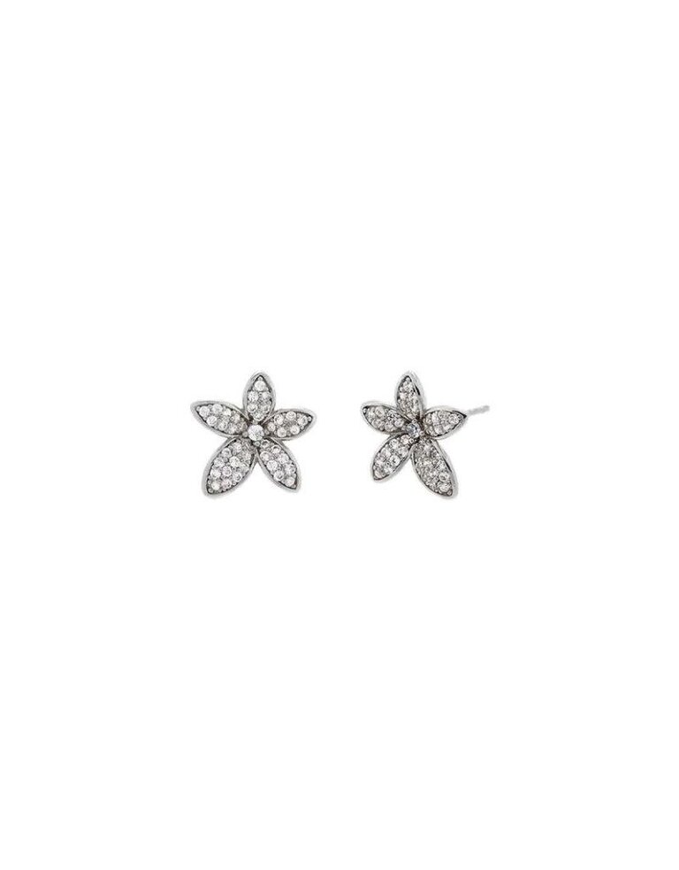 I Am More Jewels E72175-BRSIL Pave Five Leaf Flower Stud Earring Silver
