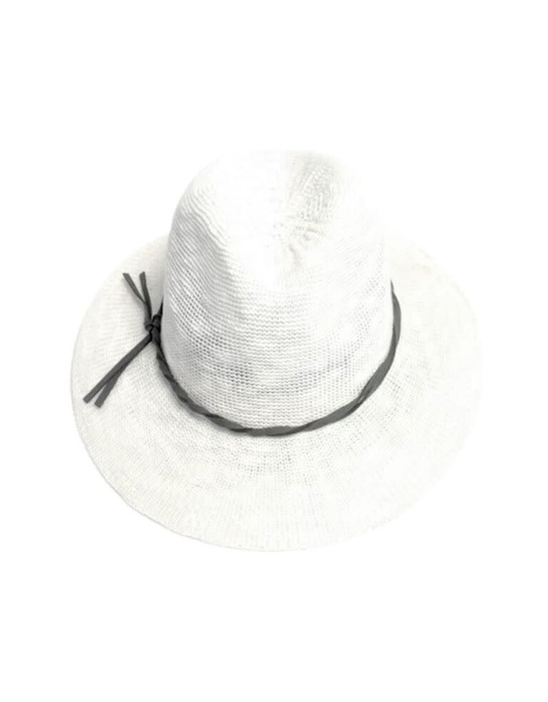 Shihreen 23S-0227 Cotton Blend Flat Brim Fedora Hat with Tie White 24