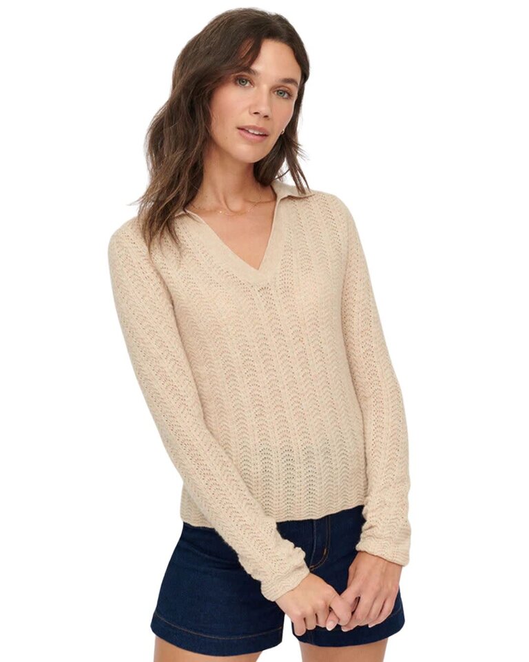 &Isla Lola 3/4 Sleeve Lace Stitch Split Neck Oatmeal S24