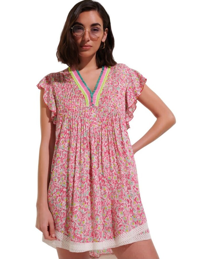 Poupette St Barth Mini Dress Sasha V Pink Ocean Flowers S24