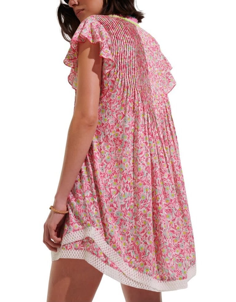 Poupette St Barth Mini Dress Sasha V Pink Ocean Flowers S24
