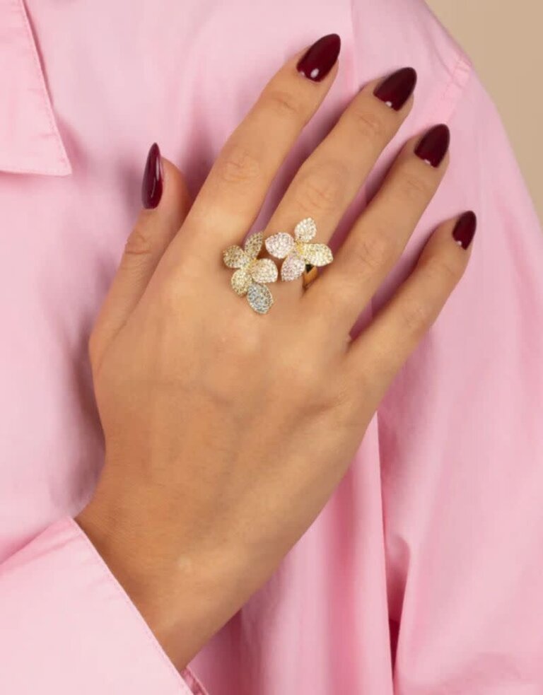 I Am More Jewels R94007-BRGLD Pastel Pave Fancy Flower Ring Multi Color Size 7