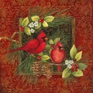 Boston international Luncheon Napkin - Botanical Christmas Birds  (Cardinals on Red)
