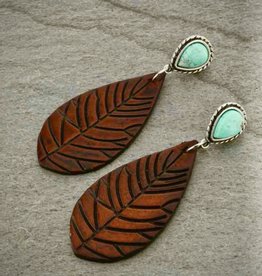 EARRING LEATHER LEAF NATURAL STONE POST