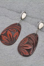 EARRING LEATHER TOOLED FLOWER NATURAL STONE POST