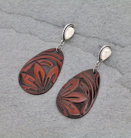 EARRING LEATHER TOOLED FLOWER NATURAL STONE POST