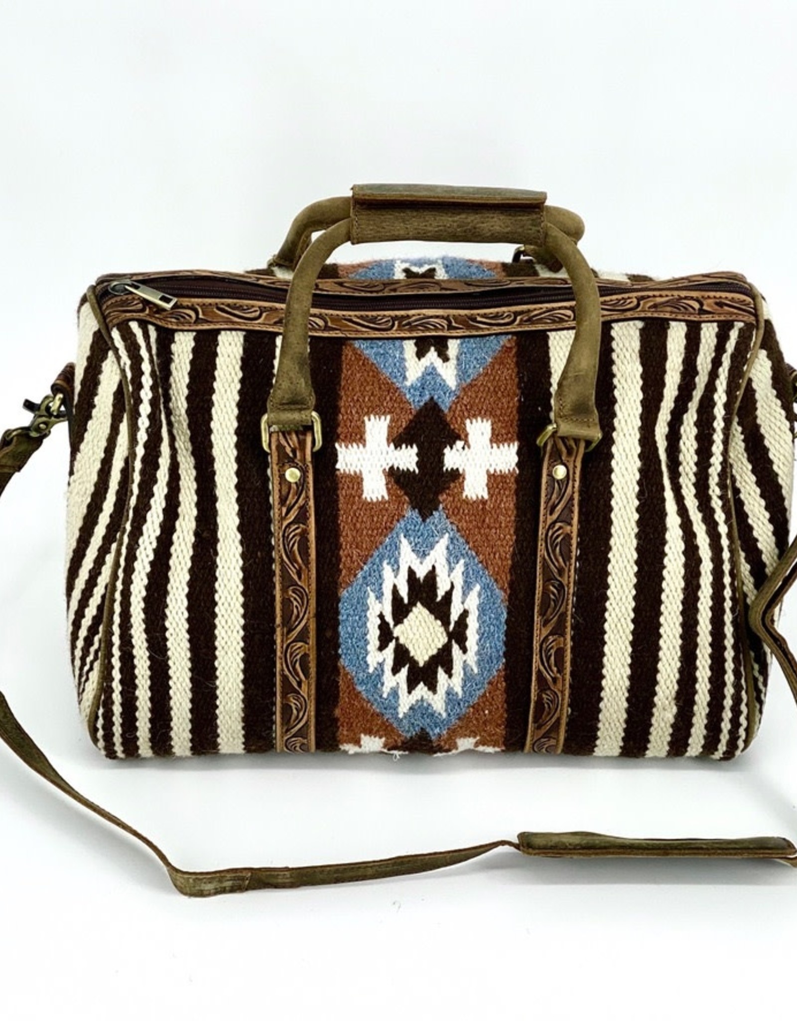 PURSE DUFFLE BLANKET OVERNIGHT BAG AZTEC BROWN/BLUE W/TOOLED LEATHER