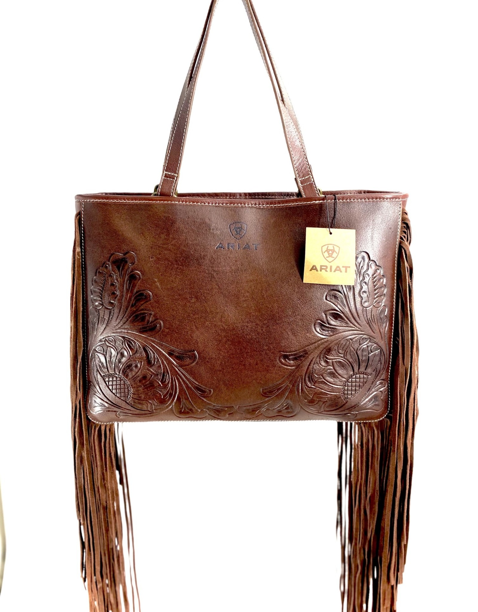 PURSE BROWN LEATHER TOOLED CONCEALED CARRY W/TASSELS VICTORIA TOTE BR