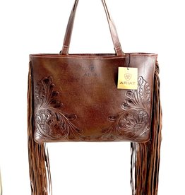 PURSE BROWN LEATHER TOOLED CONCEALED CARRY W/TASSELS VICTORIA TOTE BR