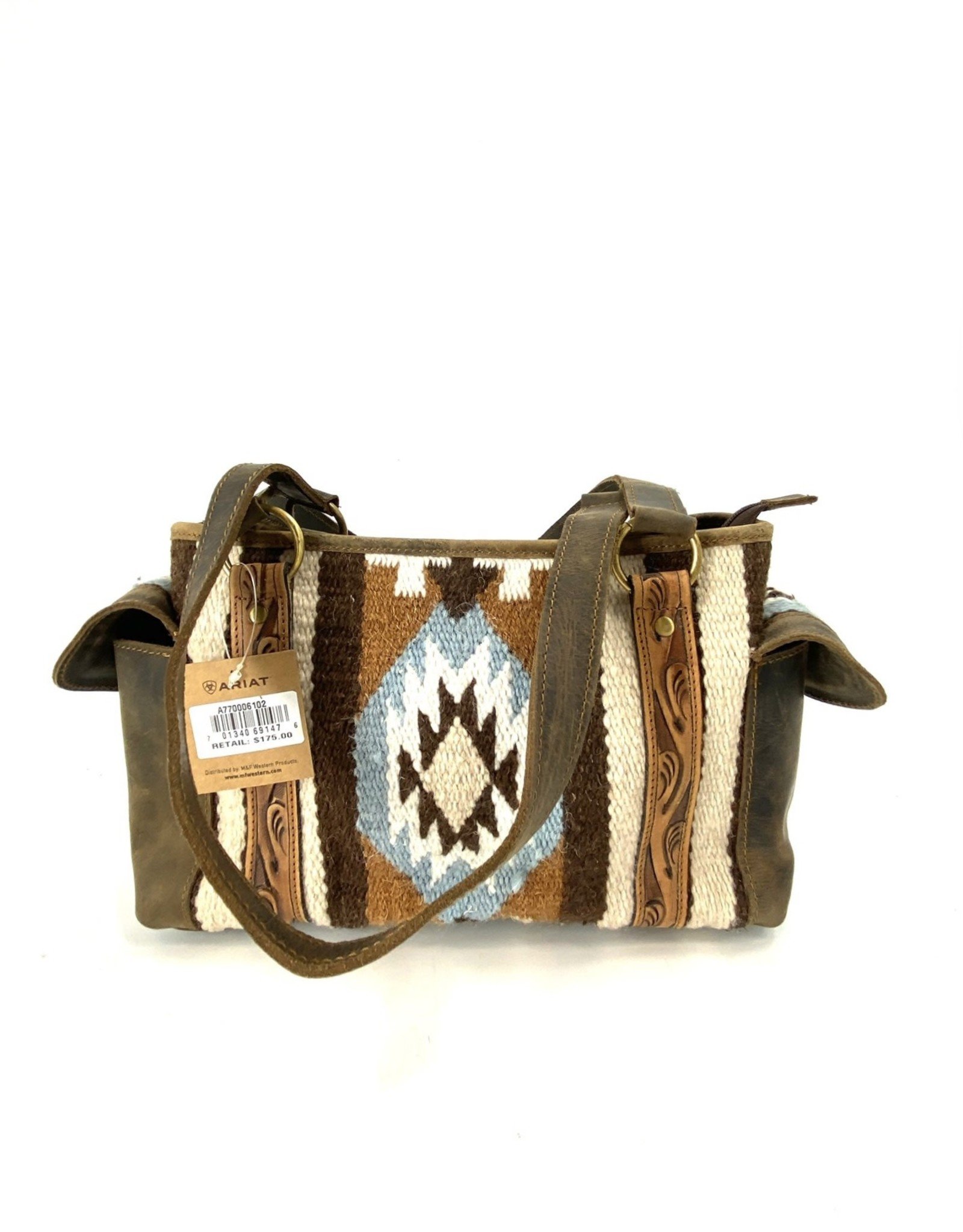 ARIAT PURSE HORSE BLANKET TOOLED LEATHER AZTEC BROWN/BLUE SATCHEL