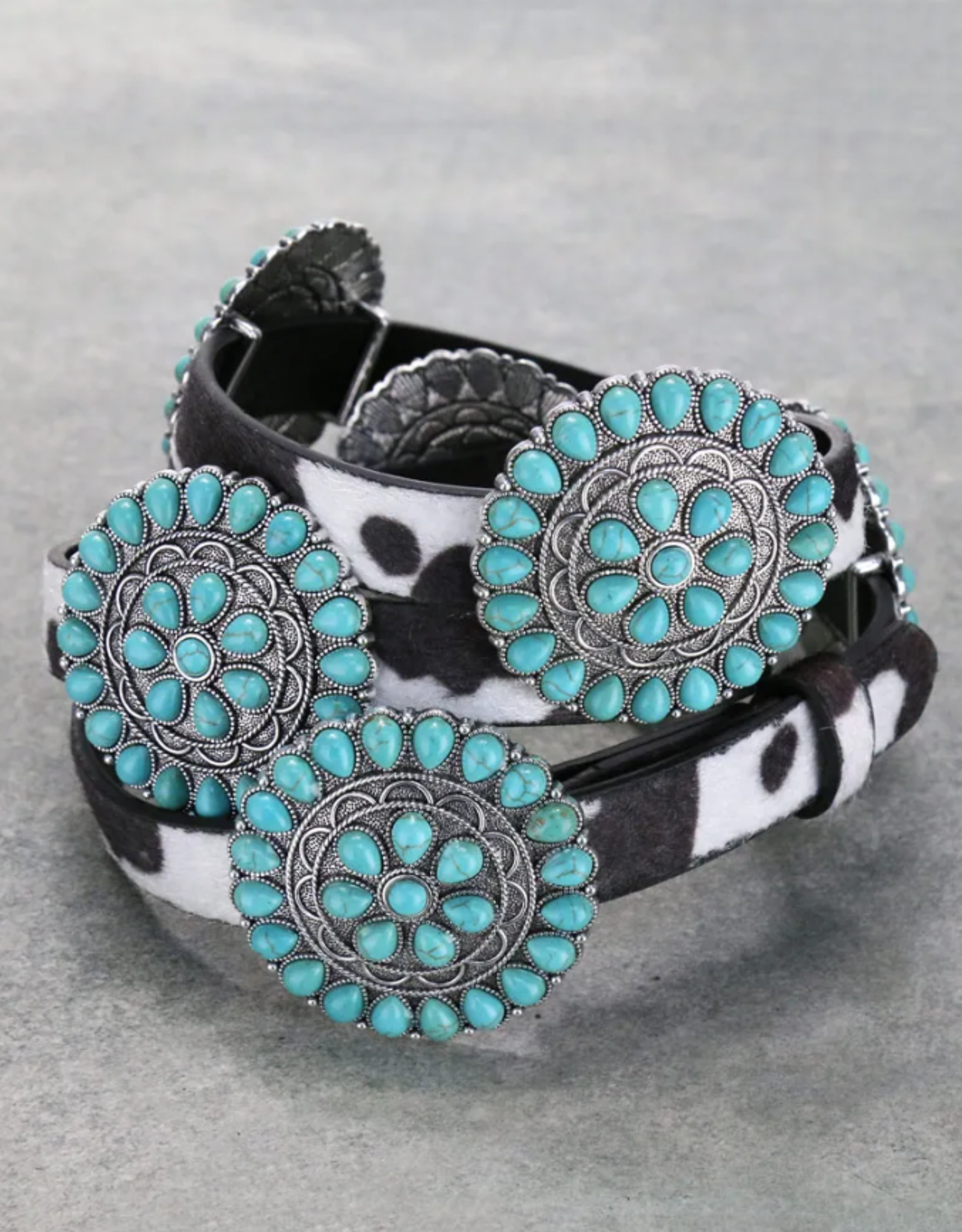 BELT WESTERN CONCHO W/TURQ STONE & PU LEATHER COW PRINT