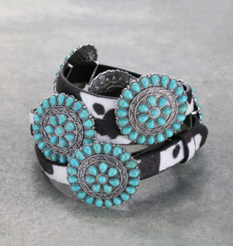 BELT WESTERN CONCHO W/TURQ STONE & PU LEATHER COW PRINT