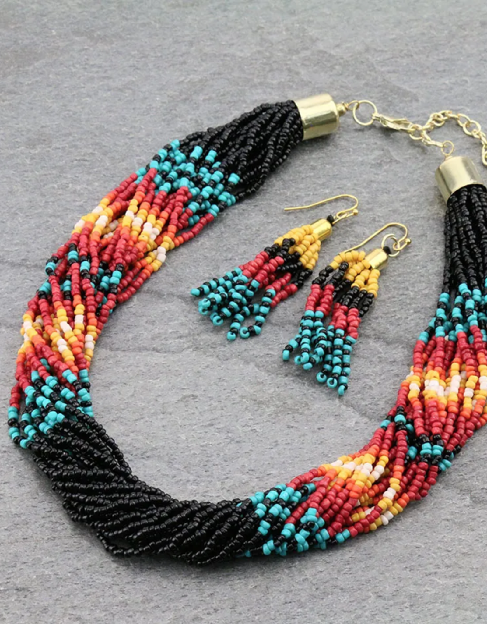NECKLACE SET SEED BEAD MULTI-LAYERED W/EARRINGS