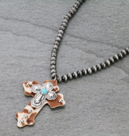 NECKLACE NAVAJO PEARL WESTERN CROSS LEATHER PENDANT W/TURQ SEMI STONE