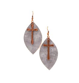 EARRING 3.5" SILVER LEATHER LEAF SHAPE W/COPPER DANGLE