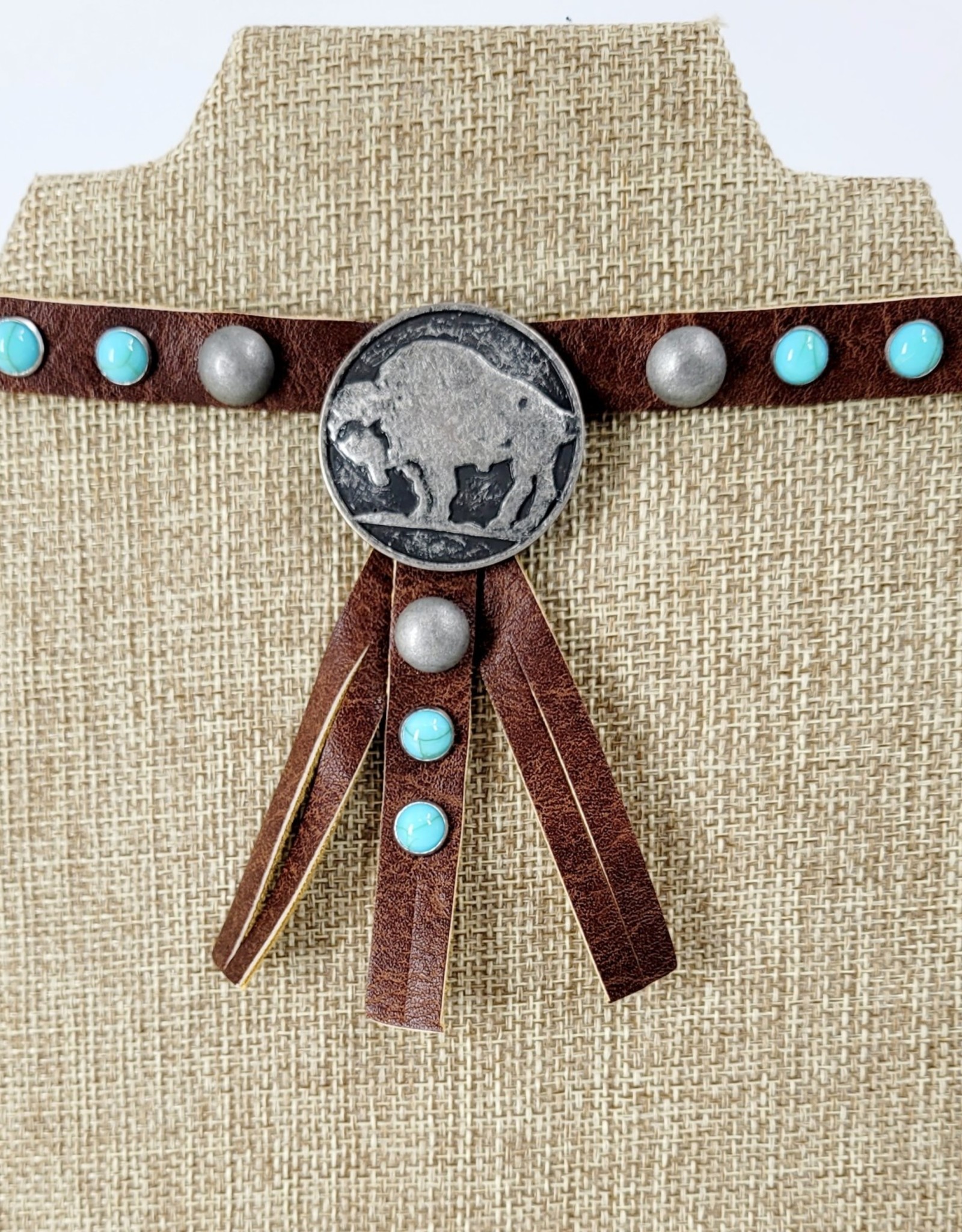 NECKLACE LEATHER CHOKER W/TURQ STUDS & BUFFALO COIN