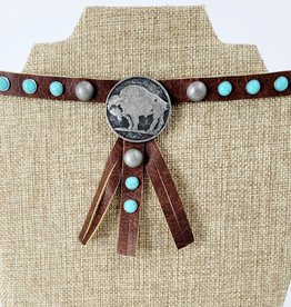 NECKLACE LEATHER CHOKER W/TURQ STUDS & BUFFALO COIN