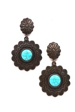 EARRING 2.5" BRASS FLOWER DANGLE W/TURQ STONE