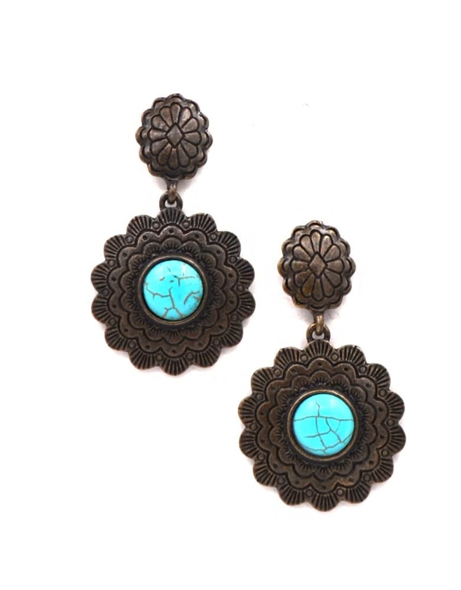 EARRING 2.5" BRASS FLOWER DANGLE W/TURQ STONE