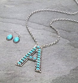 NECKLACE INITIAL TURQ STONE PENDANT  SET