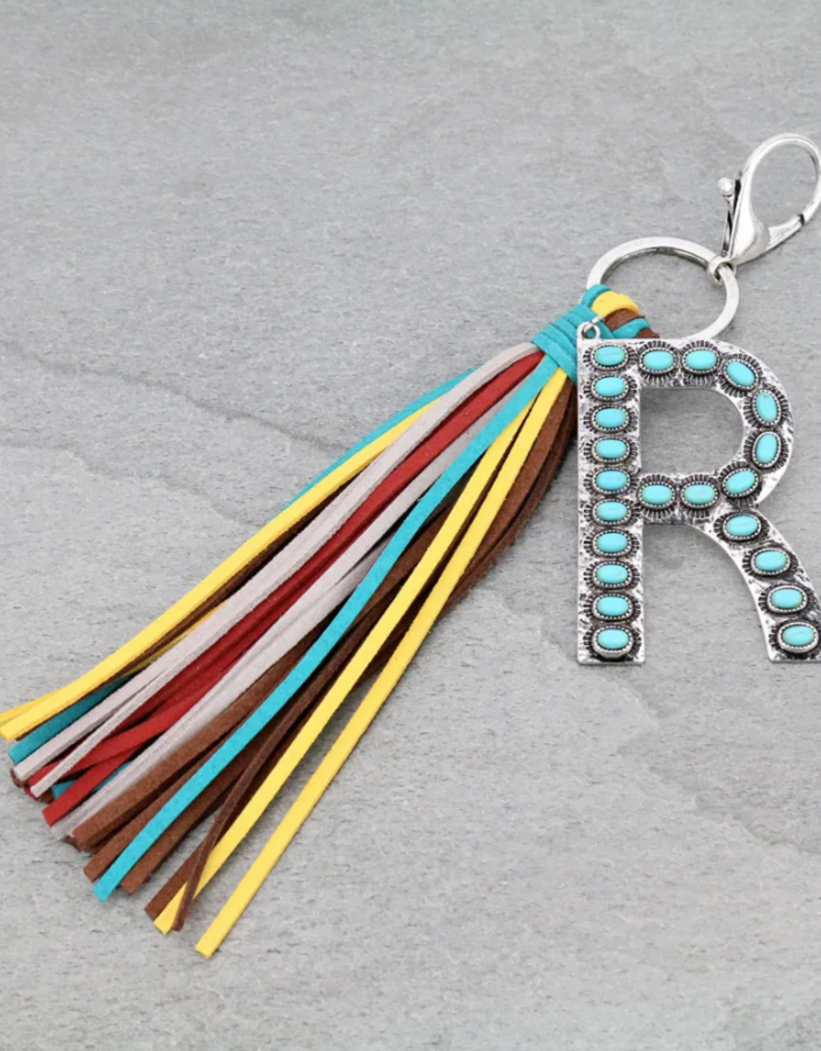 KEYCHAIN TURQ INITIAL PENDANT W/MULTICOLORED TASSEL