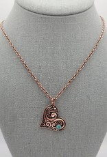 NECKLACE WESTERN FLORAL PATTERN HEART W/TURQ SEMI STONE & CABLE CHAIN