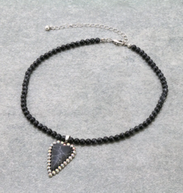 NECKLACE 4MM BEAD W/BLACK HEART PENDANT CHOKER