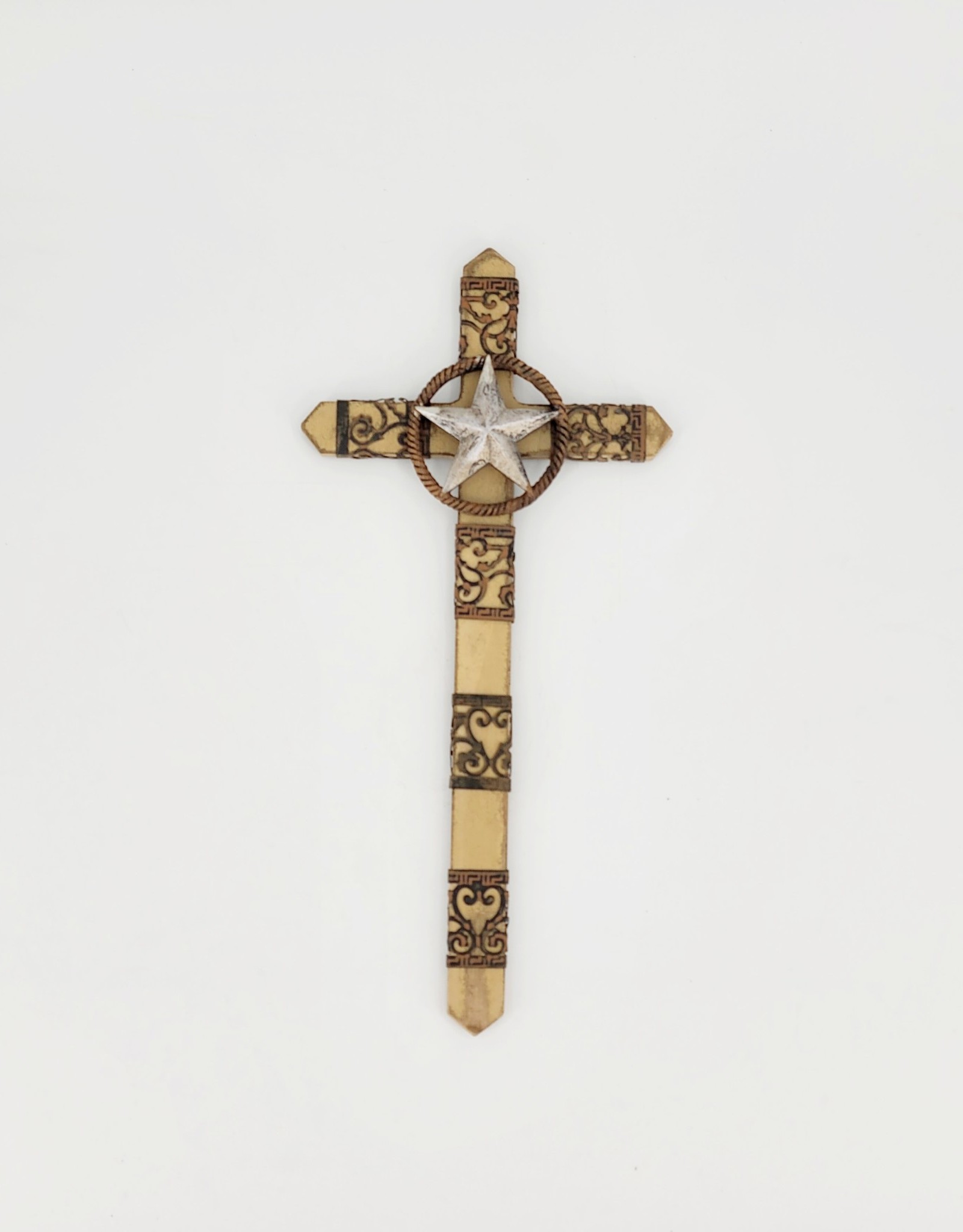 CROSS WOOD WALL DECOR W/METAL & STAR