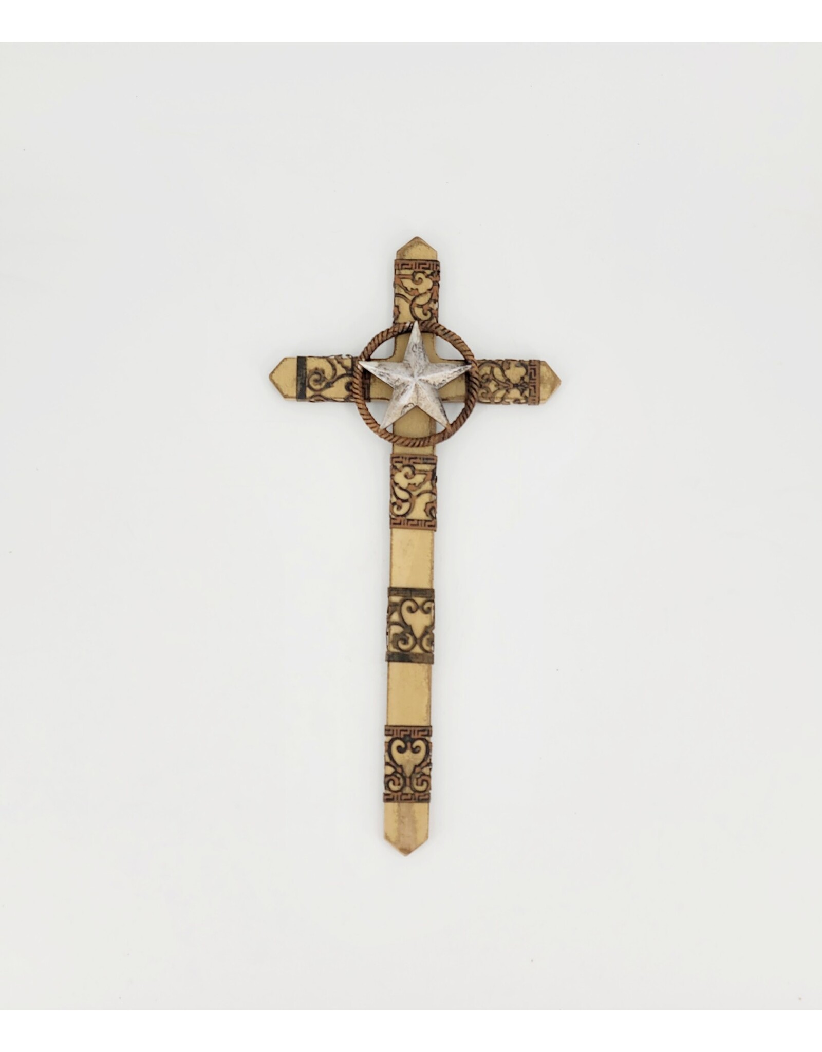 CROSS WOOD WALL DECOR W/METAL & STAR