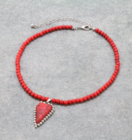 NECKLACE RED 4MM BEAD W/HEART PENDANT CHOKER
